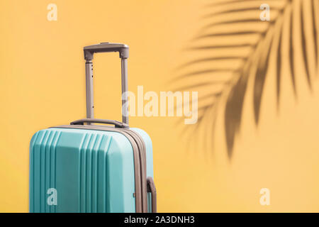 Koffer für Reisen auf dem gelben Hintergrund mit palm leaf Schatten. Stockfoto