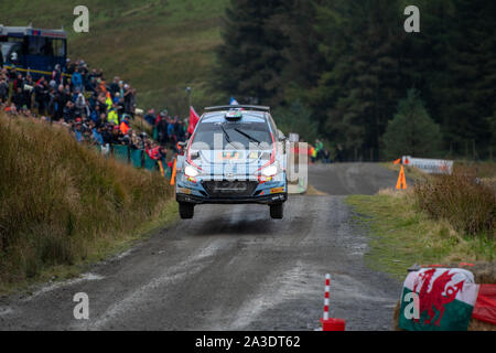 5. Oktober 2019, Wales; SS 13 Süße Lamm Hafren, Wales Rally GB 2019 Stufe 13: Matt Edwards & Co Fahrer Mark GLENNERSTER in der HYUNDAI i 20 R 5 Flug auf dem Wasser springen im Sweet Lamm Kredit werden konkurrierende: Gareth Dalley/News Bilder Stockfoto