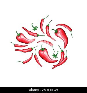 Chili handgezeichnete Vektorgrafiken. Traditionelle mexikanische Lebensmittelzutat cartoon Symbole pack. Natürliche würzigen Gemüse, leckere Bio Gewürze. Köstliche Cayenne, Red jalapeno Stock Vektor