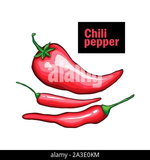 Hot Chili Pepper Hand gezeichnet Vector Illustration. Traditionelle mexikanische Essen banner Vorlage. Würzige kulinarische Zutat cartoon Symbole gesetzt. Natürliche Gewürze, Bio Gemüse mit Typografie Stock Vektor