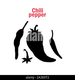 Hot Chili Pepper silhouette Abbildung. Traditionelle mexikanische Essen banner Vorlage. Würzige kulinarische Zutat schwarz Vektor Symbole gesetzt. Natürliche Gewürze, Bio Gemüse mit Typografie Stock Vektor