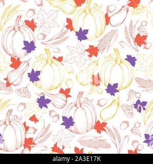 Thanksgiving Muster in Skizze Stil mit Kürbissen, Herbst Ahorn Blätter und Äpfel. Nahtlose vintage Hintergrund Textur. Vektor Ernte Kulisse für Herbst Design. Stock Vektor