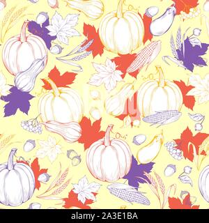 Thanksgiving Muster in Skizze Stil mit Kürbissen, Herbst Ahorn Blätter und Äpfel. Nahtlose vintage Hintergrund Textur. Vektor Ernte Kulisse für Herbst Design. Stock Vektor