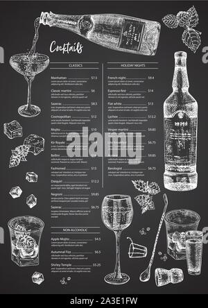 Cocktail Bar Menü design Schablone im Retro-stil isoliert auf chalckboard auf schwarzem Hintergrund. Hand gezogenem Glas und Flasche Champagner. Wein Stock Vektor