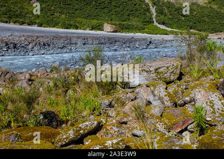 Blick auf den Fluss geschmolzenes Gletscherwasser aus Fox Glacier Stockfoto