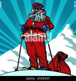 Skifahrer in den Bergen Santa Claus Charakter Frohe Weihnachten und guten Rutsch ins neue Jahr. Pop Art retro Vektor illustration Vintage kitsch Zeichnung 50 s 60 s Stock Vektor