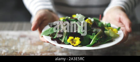 Selektive konzentrieren. Eine schöne Mischung aus Salaten mit Blumen auf einem weißen Teller wird von einem Mädchen statt. Diät Konzept. Gesund Vegan essen. Stockfoto