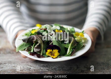 Selektive konzentrieren. Eine schöne Mischung aus Salaten mit Blumen auf einem weißen Teller wird von einem Mädchen statt. Diät Konzept. Gesund Vegan essen. Stockfoto