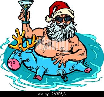 Neues Jahr Partei. Santa Tone im Resort im Pool mit einem aufblasbaren Rehe und einen Cocktail. frohe Weihnachten und ein glückliches neues Jahr. Pop Art retro Vektor Stock Vektor