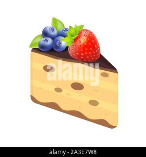 Käsekuchen mit Erdbeeren isoliert auf weißem Hintergrund. Vector Illustration, Stück Kuchen dreieckige Form für Cafe Menü oder Webseiten mit Desserts. Stock Vektor