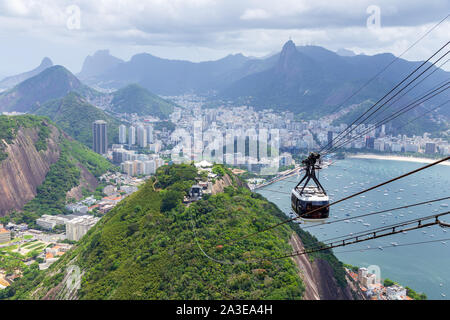 Rio de Janeiro/Brasilien - Oktober 20, 2018: Luftbild vom Zuckerhut (Pao De Acucar) und der berühmten Cable Car (bondinho). Stockfoto