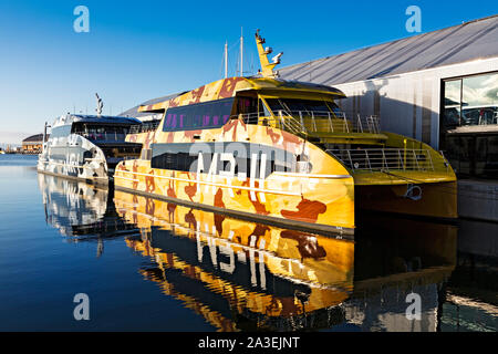 Hobart Australien / die Schnellfähren Mona Roma liegen am Brooke Street Pier, Hobart Tasmanien, die Katamaranfähren Mona Roma MR-1 & MR-2 Stockfoto