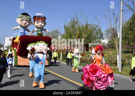 Peking, Peking, China. 8. Oktober, 2019. Peking float Parade in Peking Internationalen Gartenschau 2019. Es wird berichtet, dass die Float-Parade ist eine reguläre Leistung jeden Tag im Park statt, die 180 Leistungen entlang der Route der Park durchführen, mit frischen Blumen und dreidimensionalen Grün schnitzereien als kreative Elemente, 10'' ökologischen schwebt'' 10 Meter lang, 5 Meter breit und 7 Meter hoch, mit 10 Gruppen von Leistung. Credit: ZUMA Press, Inc./Alamy leben Nachrichten Stockfoto