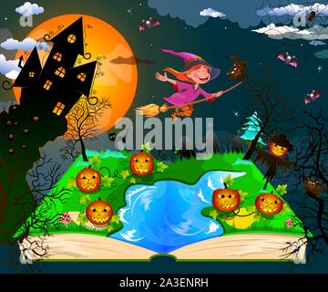 Nacht auf Halloween. Fröhliche kleine Hexe auf einem Besen fliegen in den Nachthimmel, vor dem Hintergrund der ein Schloss, ein Kürbis und Bäumen, umgeben von Stock Vektor