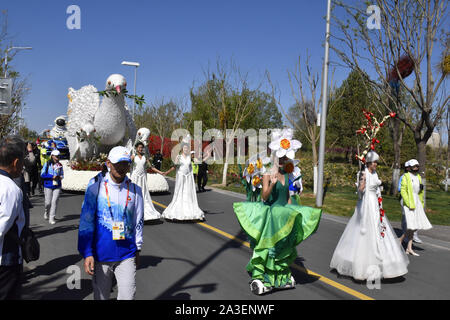 Peking, Peking, China. 8. Oktober, 2019. Peking float Parade in Peking Internationalen Gartenschau 2019. Es wird berichtet, dass die Float-Parade ist eine reguläre Leistung jeden Tag im Park statt, die 180 Leistungen entlang der Route der Park durchführen, mit frischen Blumen und dreidimensionalen Grün schnitzereien als kreative Elemente, 10'' ökologischen schwebt'' 10 Meter lang, 5 Meter breit und 7 Meter hoch, mit 10 Gruppen von Leistung. Credit: ZUMA Press, Inc./Alamy leben Nachrichten Stockfoto