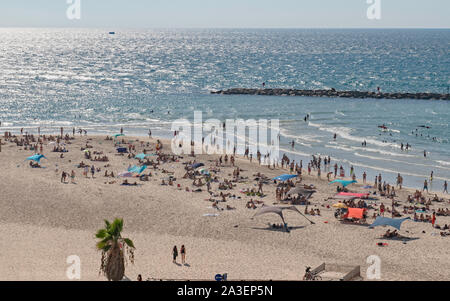 Schwimmer und Sonnenanbeter geniessen Sie die mediterranen Strand von Tel Aviv Israel mit einem sauberen Sandstrand im Vordergrund und das Meer jenseits der Wellenbrecher Stockfoto