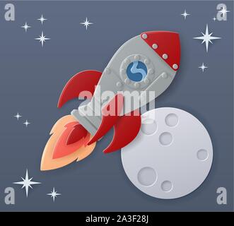 Platz Rakete Cartoon Paper Craft Moon Szene Stock Vektor