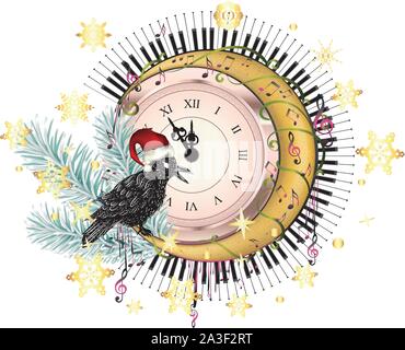 Vintage Style Uhr mit Crow, Halbmond, Fir Tree Branch und Noten Design. Stock Vektor