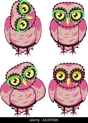 Cute cartoon stilisierte Eule mit gelben Augen trägt große teal Brillen. Stock Vektor