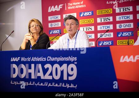 Doha, Katar. 06 Okt, 2019. Sebastian Coe (IAAF Präsident) eine Graduierung PK, Pressekonferenz, 06.10.2019 Leichtathletik WM 2019 in Doha/Katar, vom 27.09. - 10.10.2019. | Verwendung der weltweiten Kredit: dpa/Alamy leben Nachrichten Stockfoto