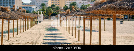 Stroh Sonnenschirme in einer Reihe am Sandstrand von Palma Nova Bezirk von Mallorca tourist resort, Balearen, Spanien. Panoramic Image Stockfoto