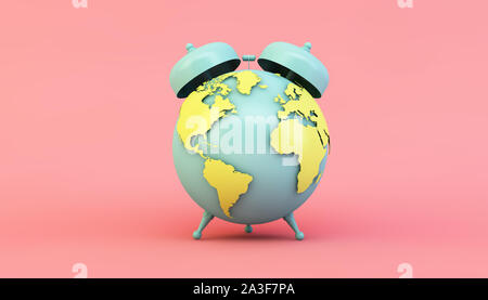 Eco-Konzept: Wecker Earth 3D Rendering illustration Stockfoto