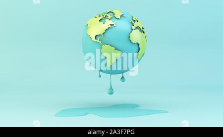 Klimawandel Konzept: schmelzende Masse auf blauem Hintergrund 3D-Rendering Stockfoto