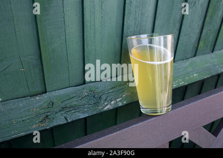 Ein pint Glas voller trübe Apfelwein lehnte sich auf einem Gartenzaun. Stockfoto