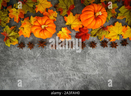 Herbst Tabelle Einstellung mit Kürbissen Urlaub/Danksagung Hintergrund Rahmen Herbst Blatt und Sternanis Gewürze Dekoration festliche auf Holz, Ansicht von oben c Stockfoto