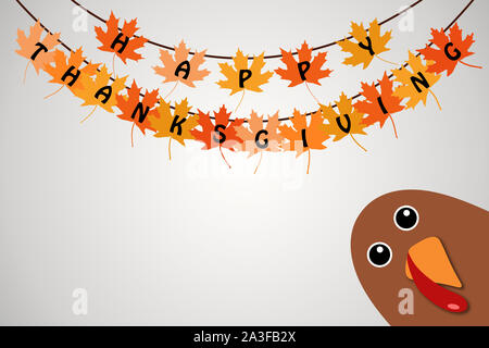 Happy Thanksgiving text Cartoon Türkei auf weißem Hintergrund Farbverlauf Danksagung Poster. Hängende Ahornblätter mit Happy Thanksgiving Text. Stockfoto