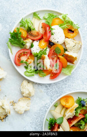 Original panzanella Salat mit Mozarella, geröstetes Baguette, Tomaten und Pflaumen auf rustikalen Hintergrund. Sommer Küche Konzept. Ansicht von oben Stockfoto