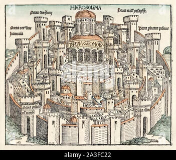 Jerusalem, Holzschnitt von Michael Wolgemut (1434 - 1519) Von "Liber Chronicarum" (aka Nürnberg Chronik) von Hartmann Schedel (1440-1514), der die alte Stadtmauer mit der ersten Tempel Salomos vor der Zerstörung durch die babylonischen Invasion im Jahr 586 v. Chr.. Foto von 1493 erste Ausgabe in Lateinamerika in Nürnberg, Deutschland veröffentlicht und von Hand gefärbt. Stockfoto