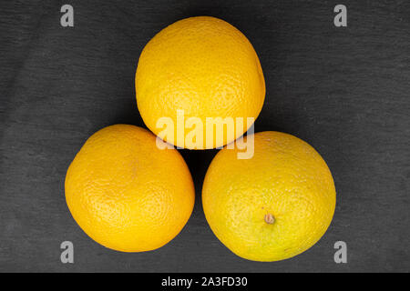 Gruppe von drei ganzen frischen hellen orange flatlay am grauen Stein Stockfoto