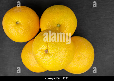 Gruppe von fünf ganze frische helle orange flatlay am grauen Stein Stockfoto