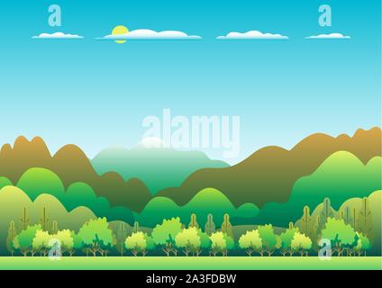 Hügel und Berge Landschaft in flachem Design. Tal Hintergrund Panorama Landschaft Illustration. Schönen grünen Feld, Wiese, Berge und Stock Vektor