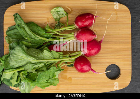 Gruppe von fünf ganze Frische rote Radieschen auf Bambus Schneidebrett flatlay am grauen Stein Stockfoto