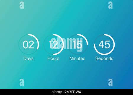 Vektor Countdown Uhr Zähler Timer. UI-app Digitale Countup Kreis Vorstand meter mit Kreis Zeit pie Diagramm. Anzeiger von Tag, Stunde, Minuten und Stock Vektor