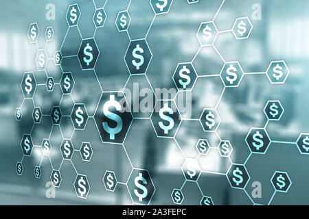 Dollar Symbole auf unscharfen Büro Hintergrund. Finanzielle Hintergrund für geschäftliche Präsentationen Stockfoto