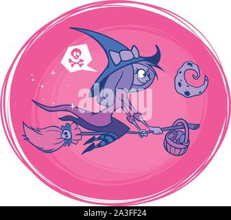 Hexe auf ihrem Besen fliegen isoliert. Vector Illustration für Halloween Poster oder Party Einladung Stock Vektor