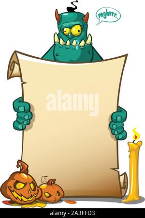 Vector Illustration einer Halloween Monster Charakter mit einem Blättern anmelden oder Banner Stock Vektor