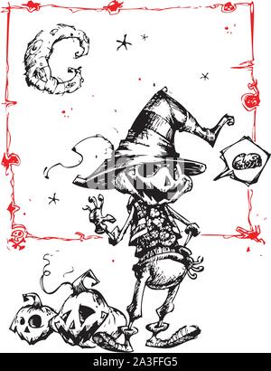 Halloween scary pumpkin head Vogelscheuche, Vector Illustration für Halloween Urlaub. Hand gezeichnet Stock Vektor