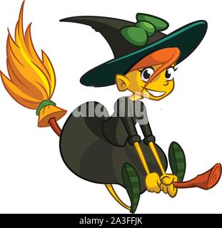 Halloween cute Hexe auf ihrem Besen fliegen. Vektor Karikatur Aufkleber Stock Vektor