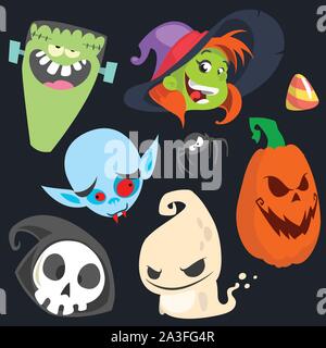 Cute cartoon Halloween Zeichen Symbol gesetzt. Monster, Hexe, Vampir, Pumpkin Head, Tod und cute Ghost Stock Vektor