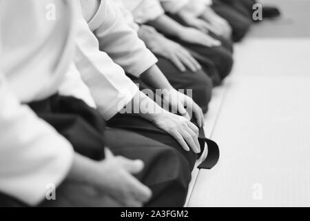 Sensei Studenten in einer Reihe sitzen auf der Matte auf einem Seminar über Aikido Stockfoto