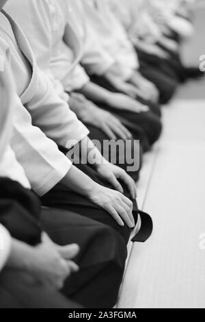 Sensei Studenten in einer Reihe sitzen auf der Matte auf einem Seminar über Aikido Stockfoto