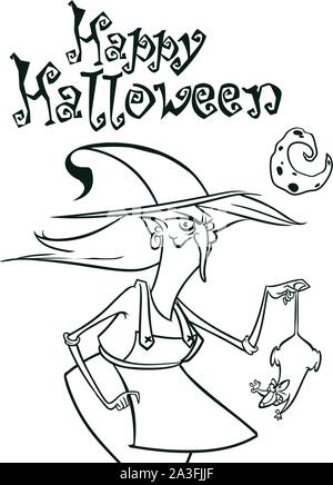 Halloween Hexe in hat eine Ratte in der Hand skizziert. Vector Illustration der Hexe Silhouette. Malbuch Stock Vektor