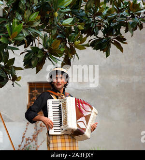 Ein Streetdarsteller in einem Clownkostüm, der auf einer Piazza in Orvieto ein Akkordeon unter einem Baum spielt. Stockfoto