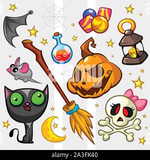 Sammlung von Halloween Kürbis und Attribute für die Dekoration. Hexe, Katze, Maus, bat Wing, Bonbons, Kürbis, Gift, Flasche, Besen, Schädel und Laterne i Stock Vektor