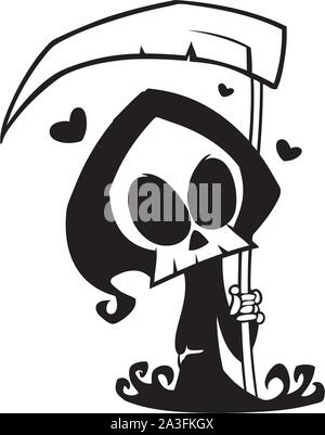 Cartoon Sensenmann mit Sense auf einem weißen Hintergrund. Halloween cute Tod Charakter in schwarz Haube skizzieren. Vektor Silhouette Stock Vektor