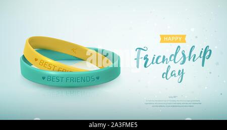 Gruß Friendship Day card, happy holiday von Amity. Zwei Gelb und Türkis Gummi Armbänder für die besten Freunde. Silikon Armbänder und Beschriftung Stock Vektor